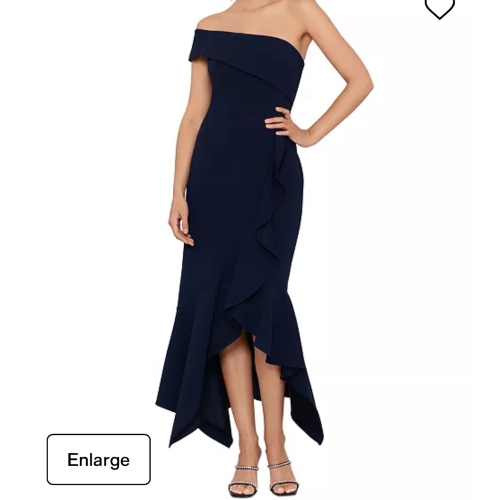 XSCAPE Off-the Shoulder, Ruffled Navy Dress - Perfect for Weddings